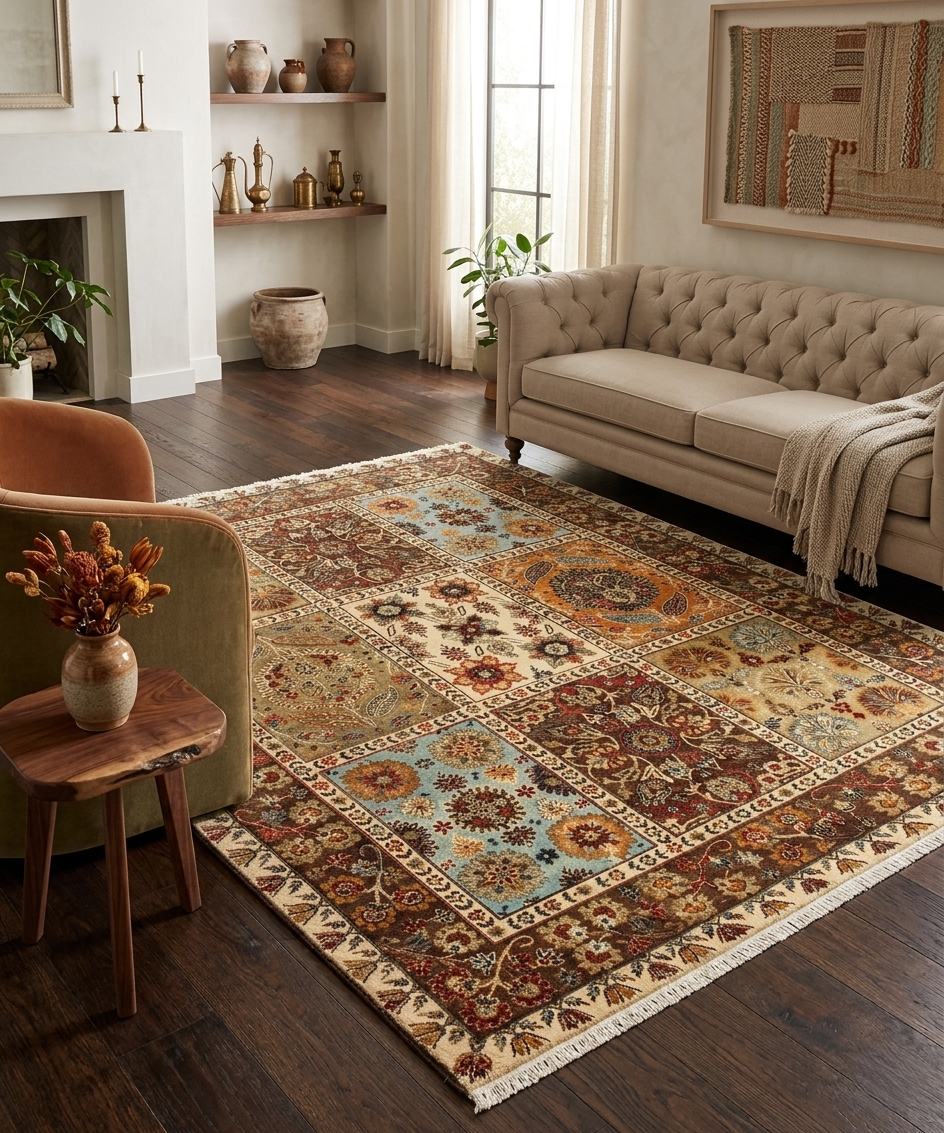 8x10 Serapi Hand-Knotted Wool Rug | Multi-Brown Panel Design