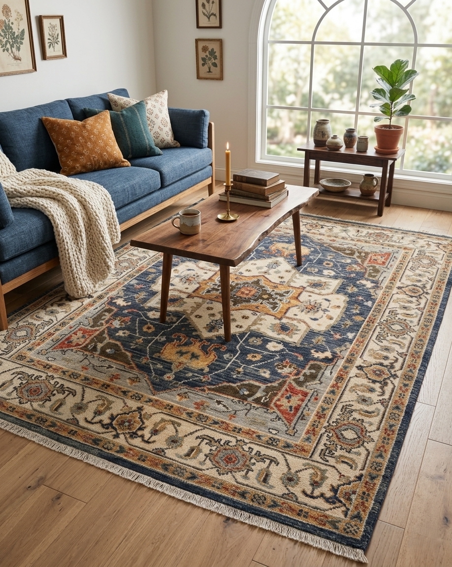 8x10 Hand-Knotted Mid-Century Modern Area Rug | Earthy Blue, Sage Green & Cream