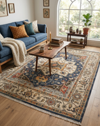 8x10 Hand-Knotted Mid-Century Modern Area Rug | Earthy Blue, Sage Green & Cream