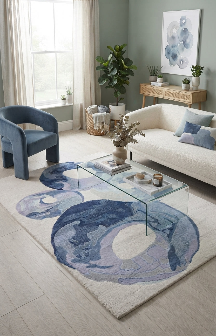 Blue & lavender Wool Hand Tufted Modern Abstract Area Rug – High Traffic Durable Designer Floor Decor, custom size rug
