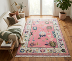 Hand Knotted Pink Oushak Wool Rug, Vintage Turkish Style