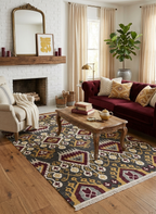 Hand-Knotted Wool Ikat Rug – 6x9 Modern Tribal Area Rug (Charcoal, Burgundy & Gold)