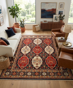 8x10 Hand-Knotted Wool Area Rug, Traditional Deep Red & Navy Blue Carpet