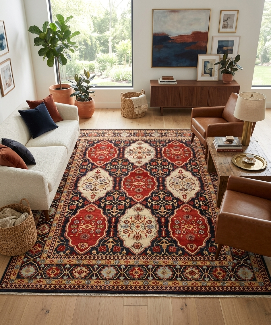 8x10 Hand-Knotted Wool Area Rug, Traditional Deep Red & Navy Blue Carpet
