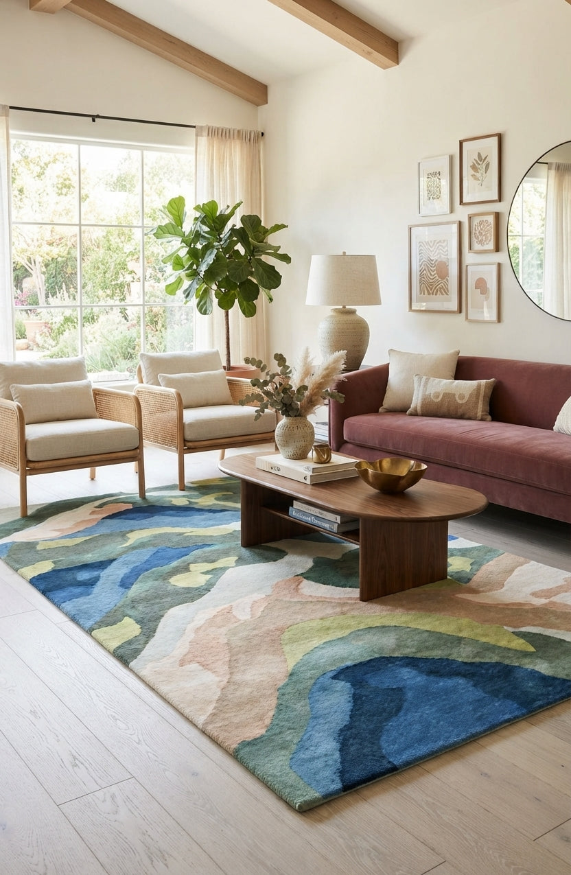 landscape Inspired Modern Abstract Wool Area Rug | Hand-Tufted High-Traffic Floor Covering | Custom Size carpet