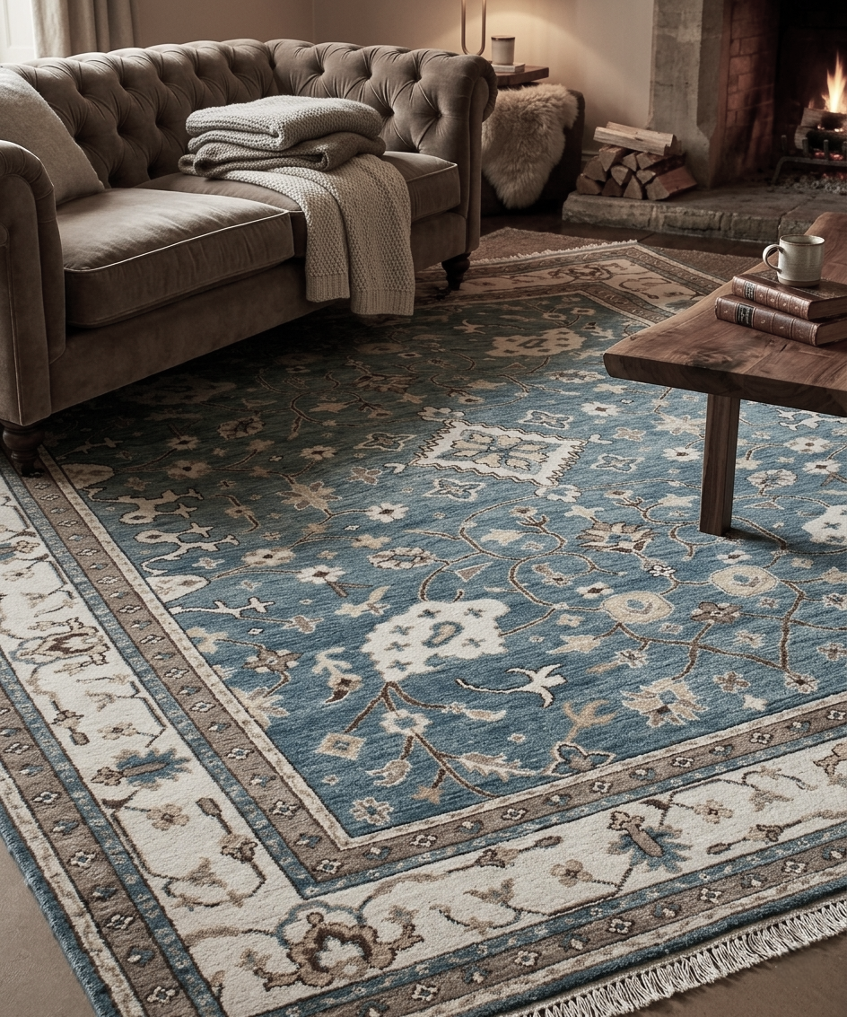 Hand-Knotted Blue & Ivory Persian Oushak Wool Rug