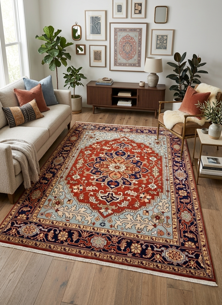 Hand-Knotted Red & Blue Area Rug Traditional Anatolian Design 8x10 Wool Living Room Rug