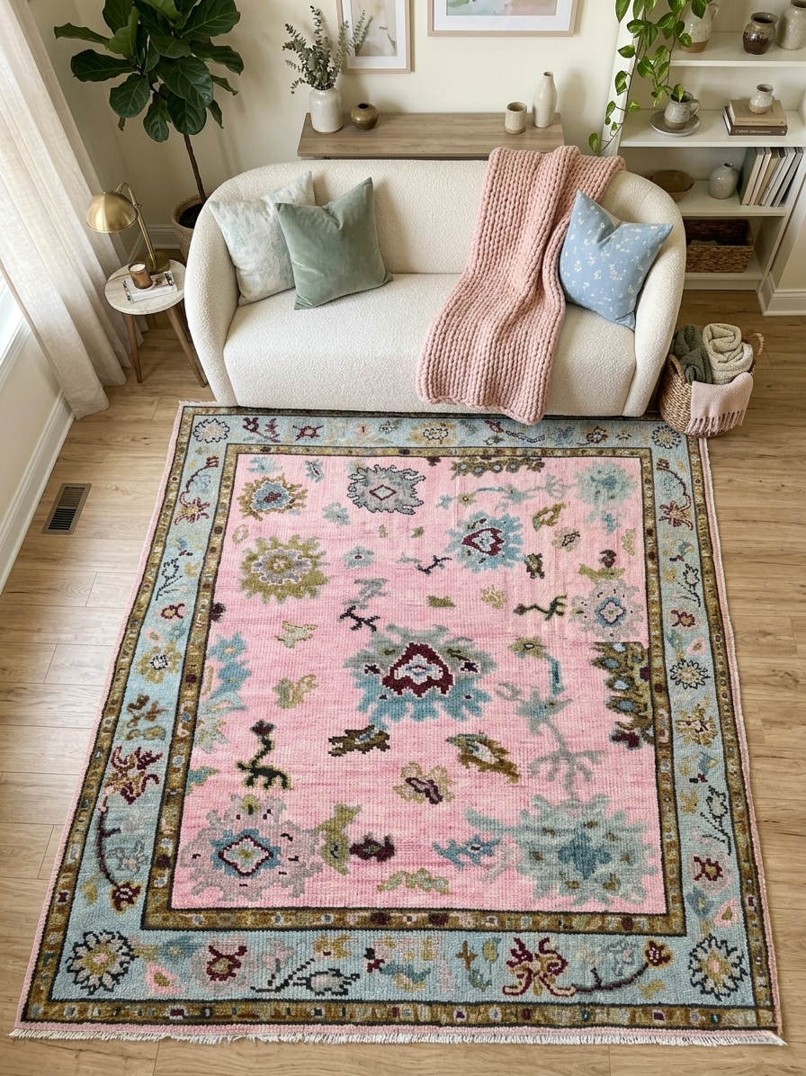 Hand knotted pink Oushak Rug – Custom Pastel Pink & Sky Blue