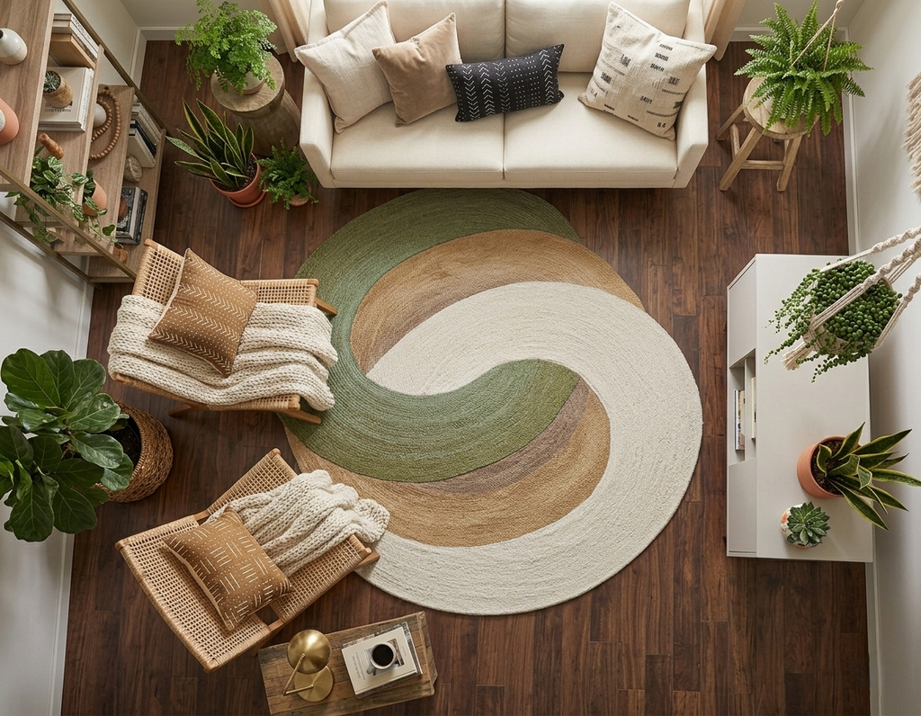 Organic Swirl Hand-Tufted Wool Area Rug – 5' x 7.8' Sage & Earth Tones