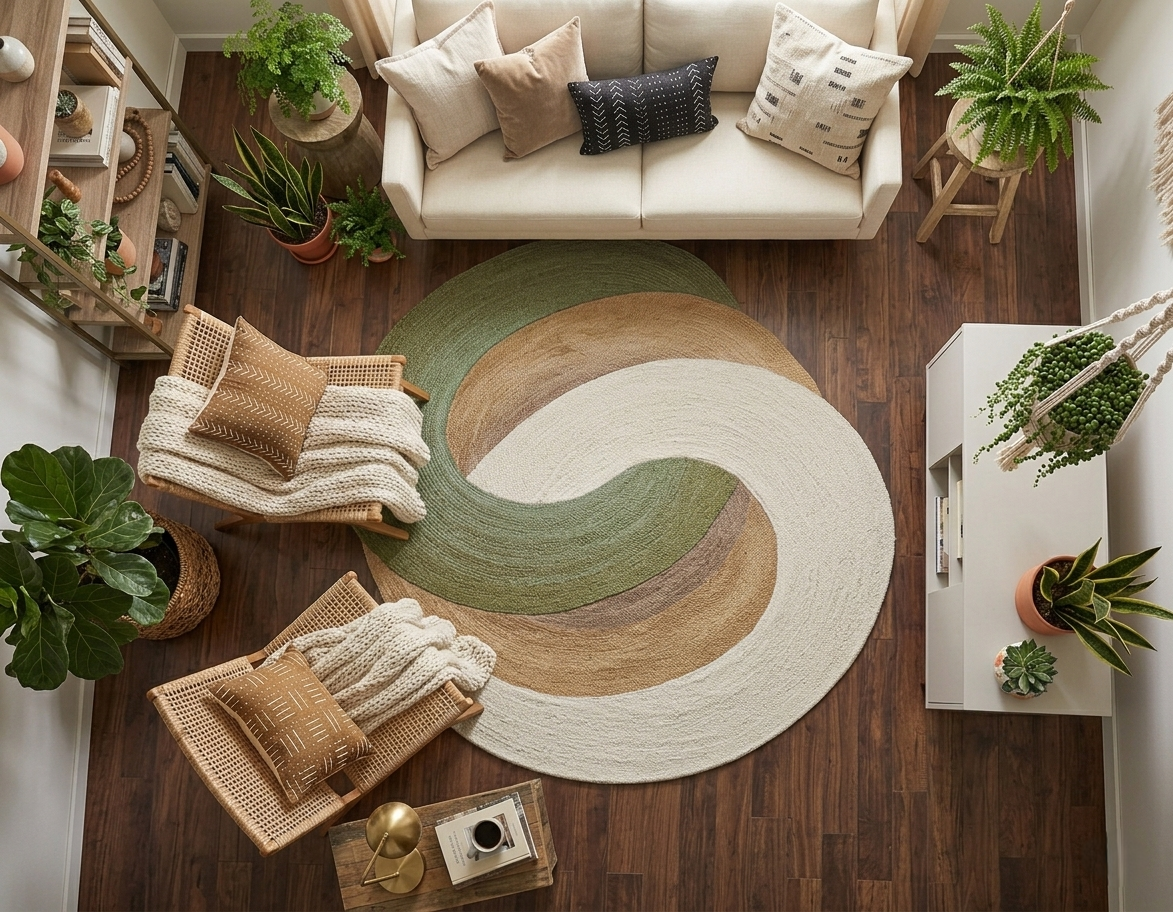 Organic Swirl Hand-Tufted Wool Area Rug – 5' x 7.8' Sage & Earth Tones