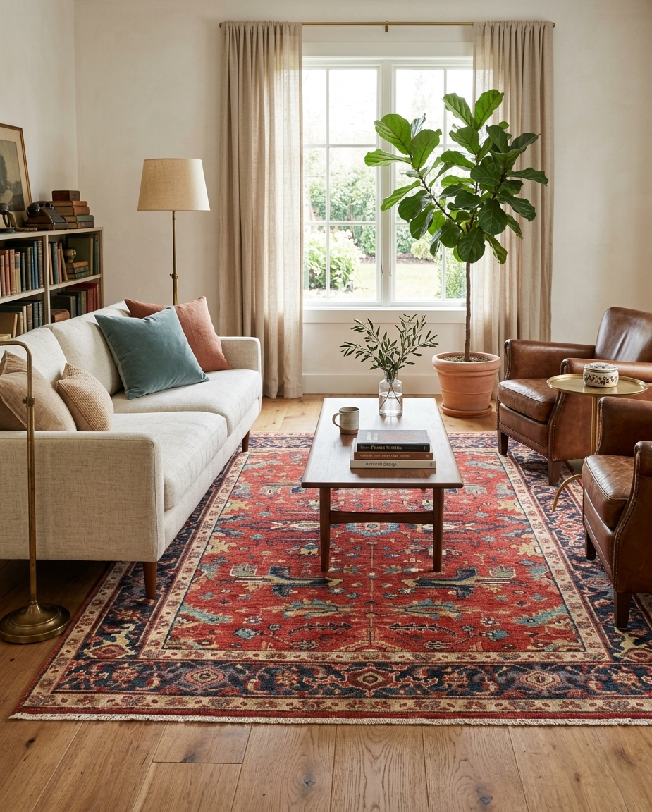 8x10 ft Hand-Knotted Wool Oushak Rug | 9x12 ft Terracotta & Slate Blue