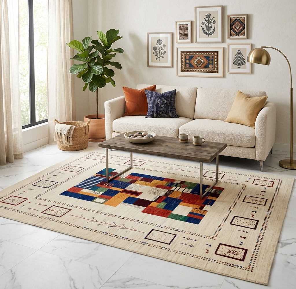 6x8 ft Handmade Modern Gabbeh Rug Abstract Patchwork Design