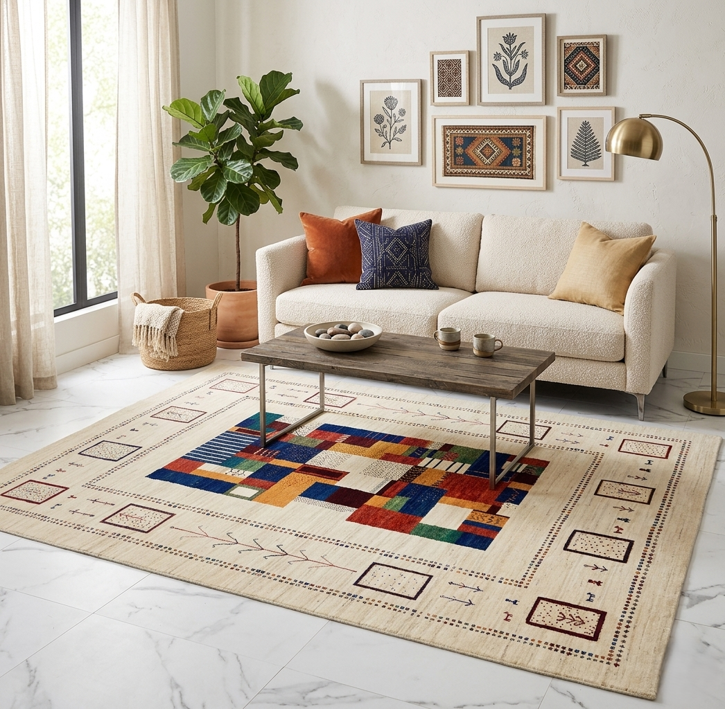 6x8 ft Handmade Modern Gabbeh Rug Abstract Patchwork Design