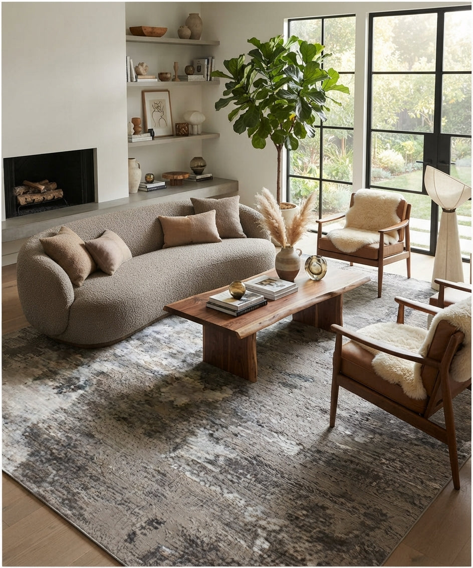 12x18 ft Hand Knotted Modern Abstract Charcoal and Silver Area Rug – Luxury Wool and Bamboo Silk Designer Rug for Living Room & Bedroom