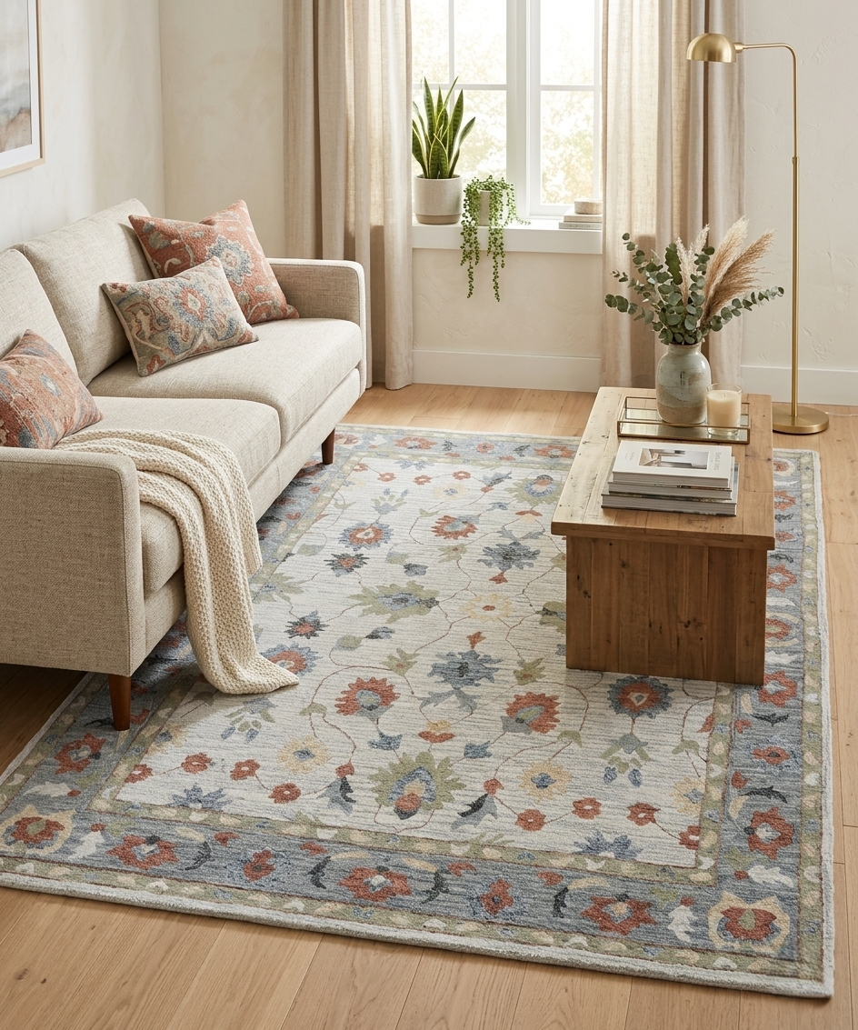 8x10 ft Elegant Hand-Tufted Floral Wool Rug | 5x8 ft Blue & Terracotta Traditional Decor
