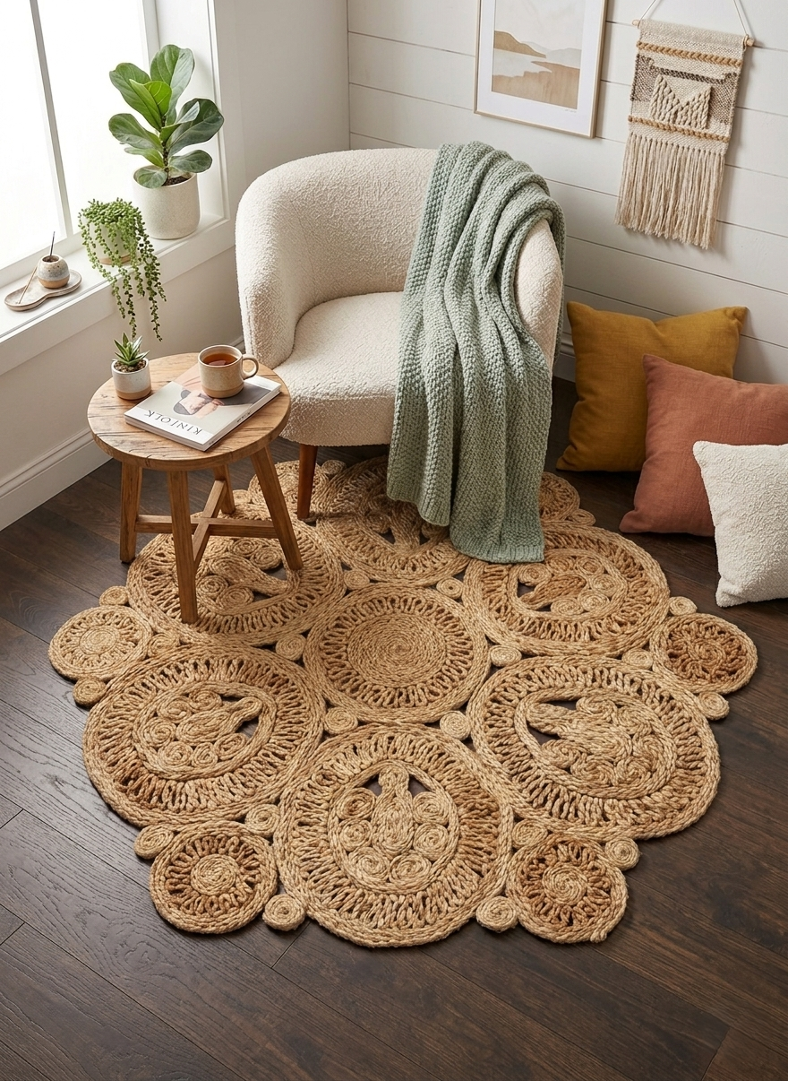 Handmade Jute 3.5x3.5 round Rug, Boho Entryway Jute Area Rug