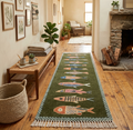 Hand-Knotted Wool Koi Fish Runner – Green Artisan Fish Rug – Custom Sizes Available