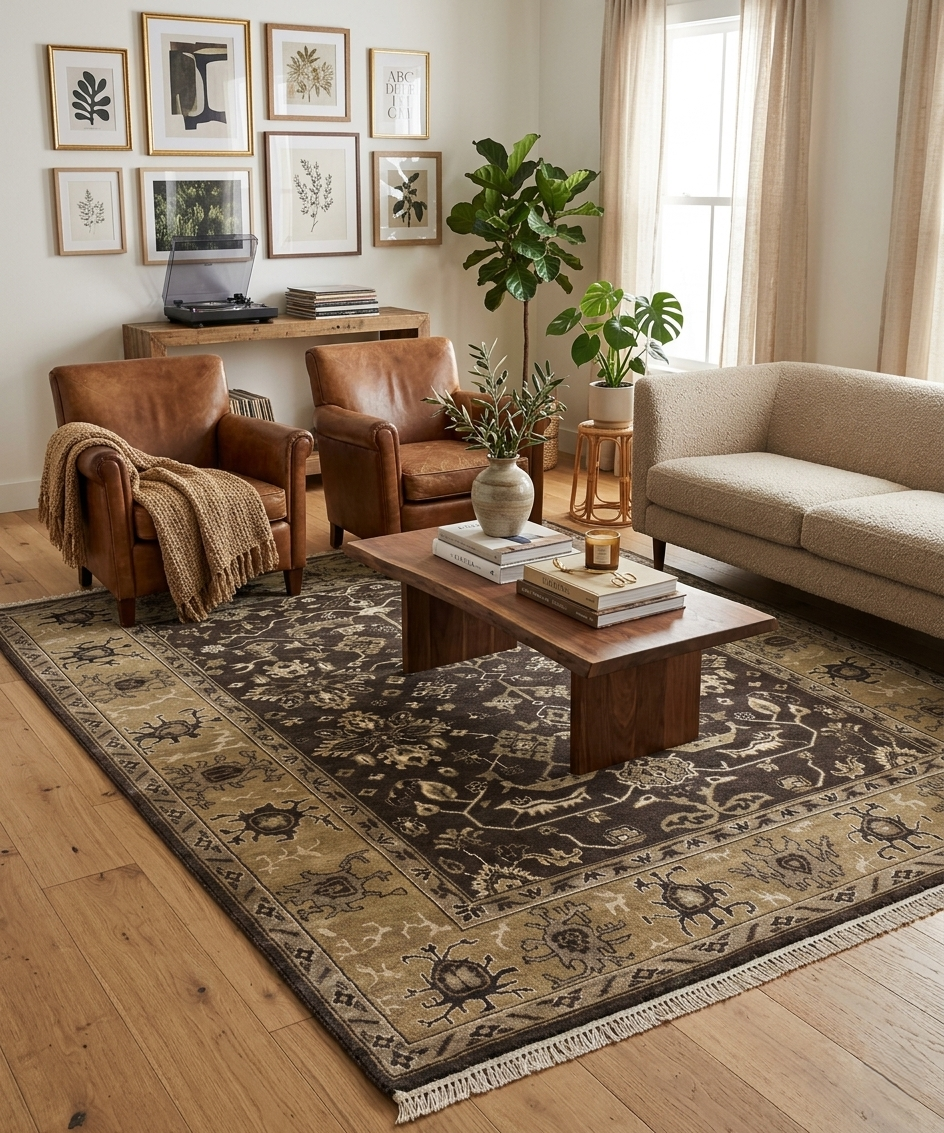 8x10 ft Vintage Charcoal & Sage Hand-Knotted Oushak Wool Rug