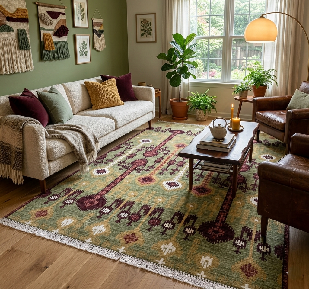 6X9 Hand-Knotted Wool Ikat Rug – Sage, Burgundy & Gold