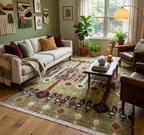 6X9 Hand-Knotted Wool Ikat Rug – Sage, Burgundy & Gold