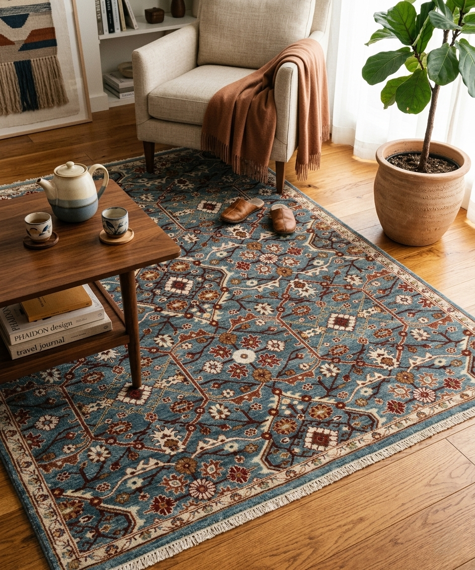 Hand-Knotted Persian Style Wool Rug – Slate Blue & Terracotta