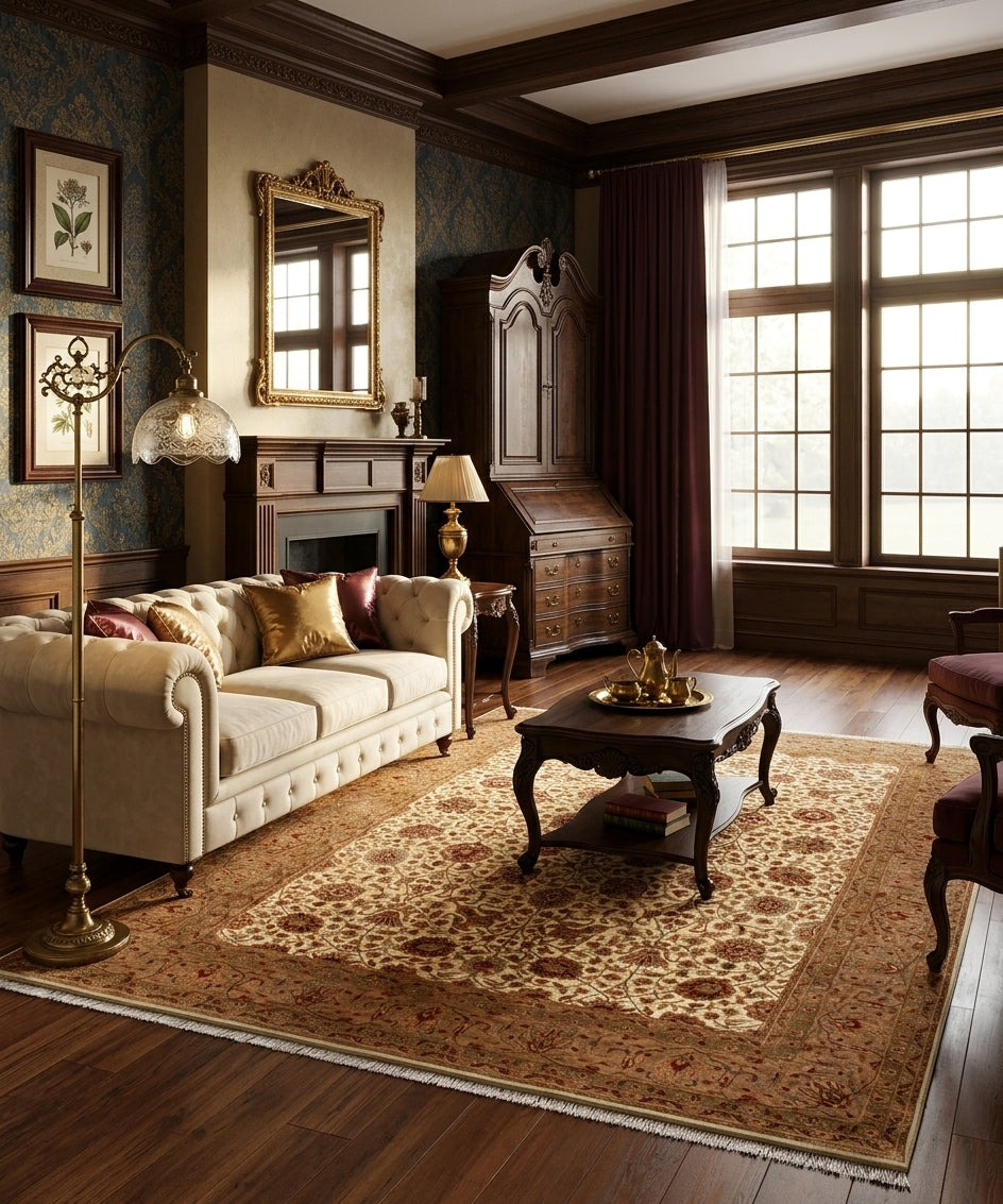 Royal Vintage Inspired Ivory & Camel Wool and Silk Area Rug | 14/14 High-Density Hand-Knotted Traditional Luxury Rug (Available in 8x10, 9x12, 10x14)