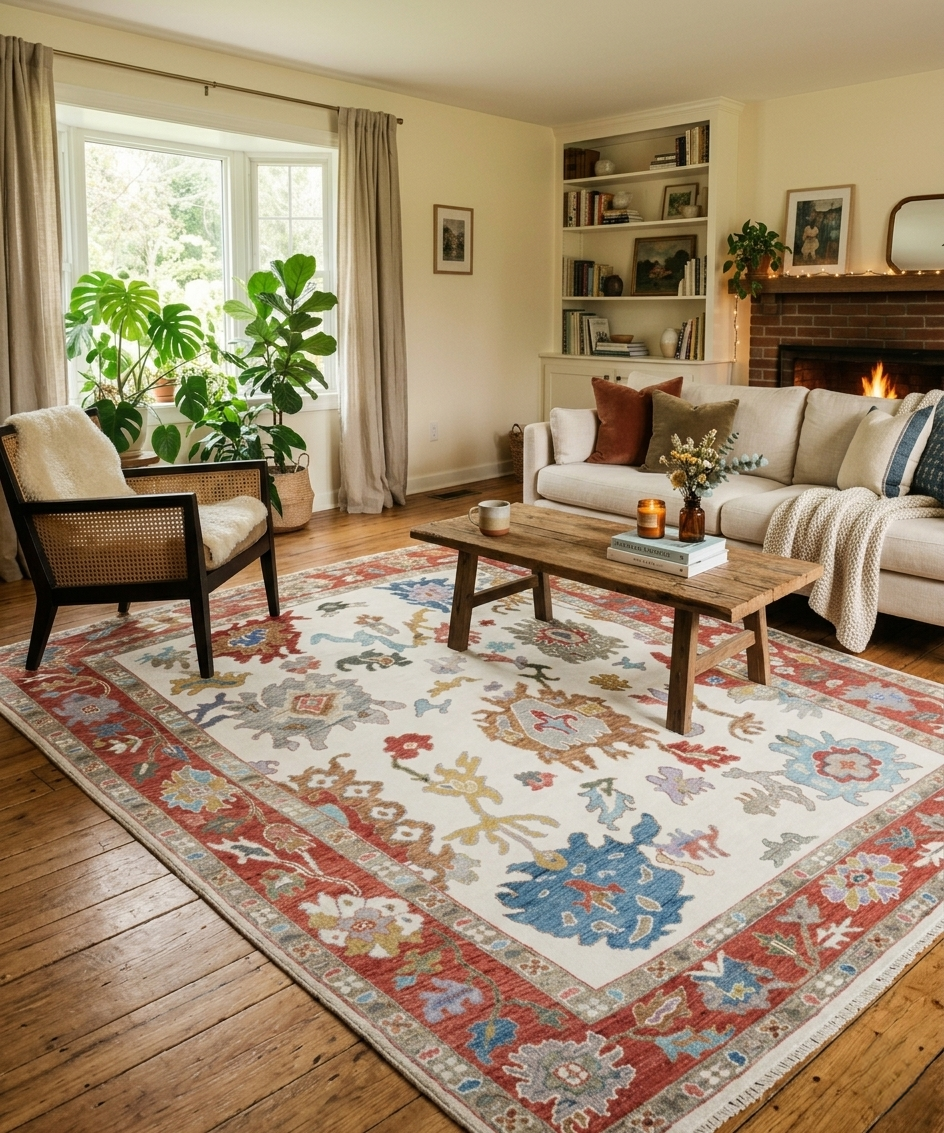 Hand-Knotted Oushak Wool Rug - Modern Floral Transitional Style