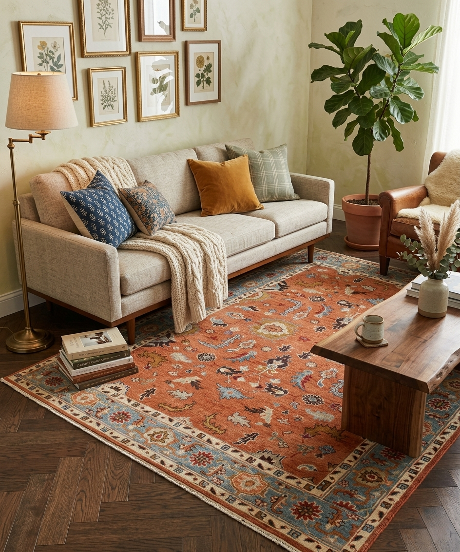 Hand-Knotted Terracotta & Sky Blue Oushak Style Wool Rug