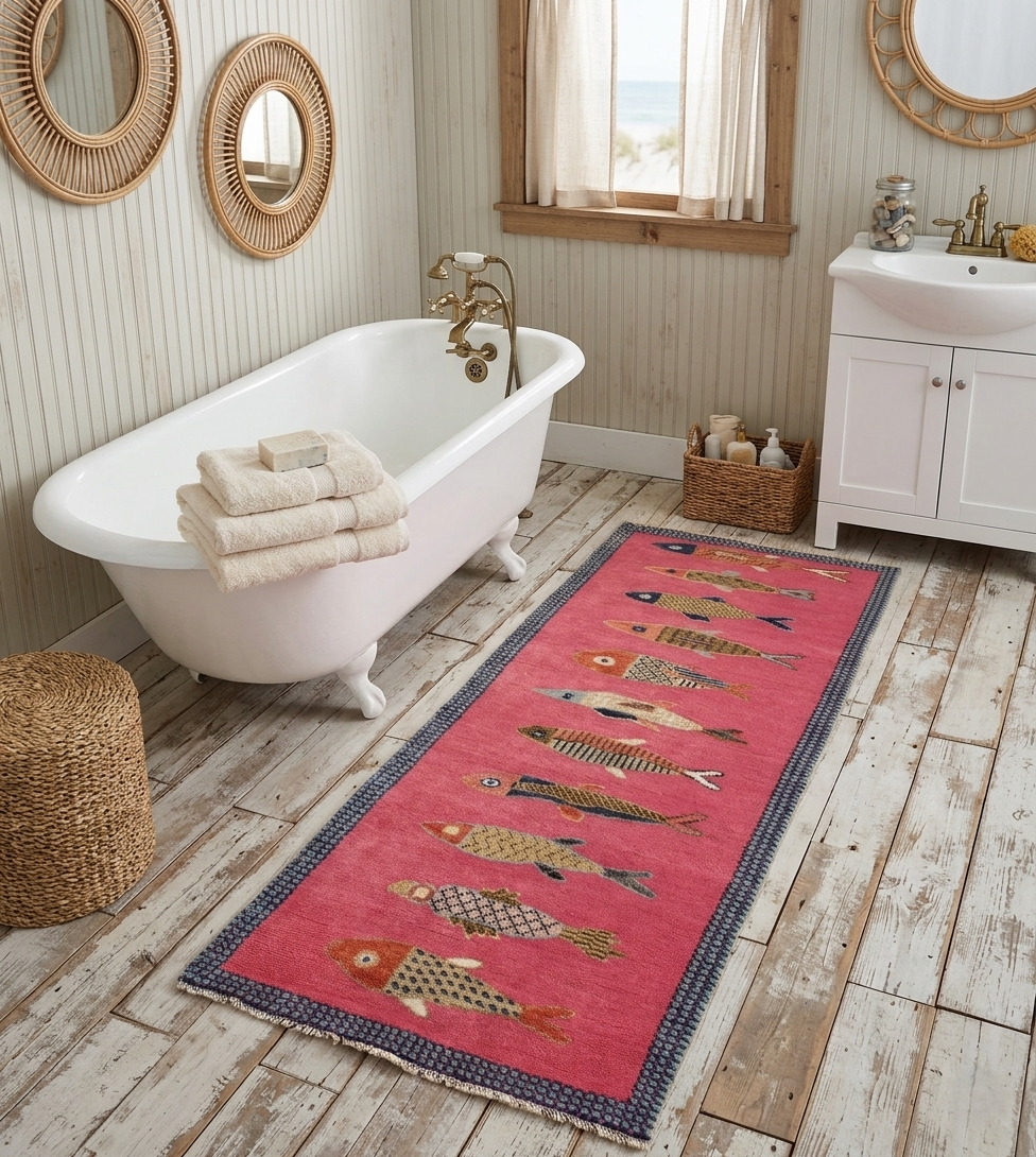Hand-Knotted Wool Koi Fish Runner – Pink Artisan Fish Rug – Custom Sizes Available