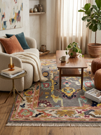 Hand-Knotted Oushak Wool Rug-Modern Charcoal & Vibrant Pastel Palette