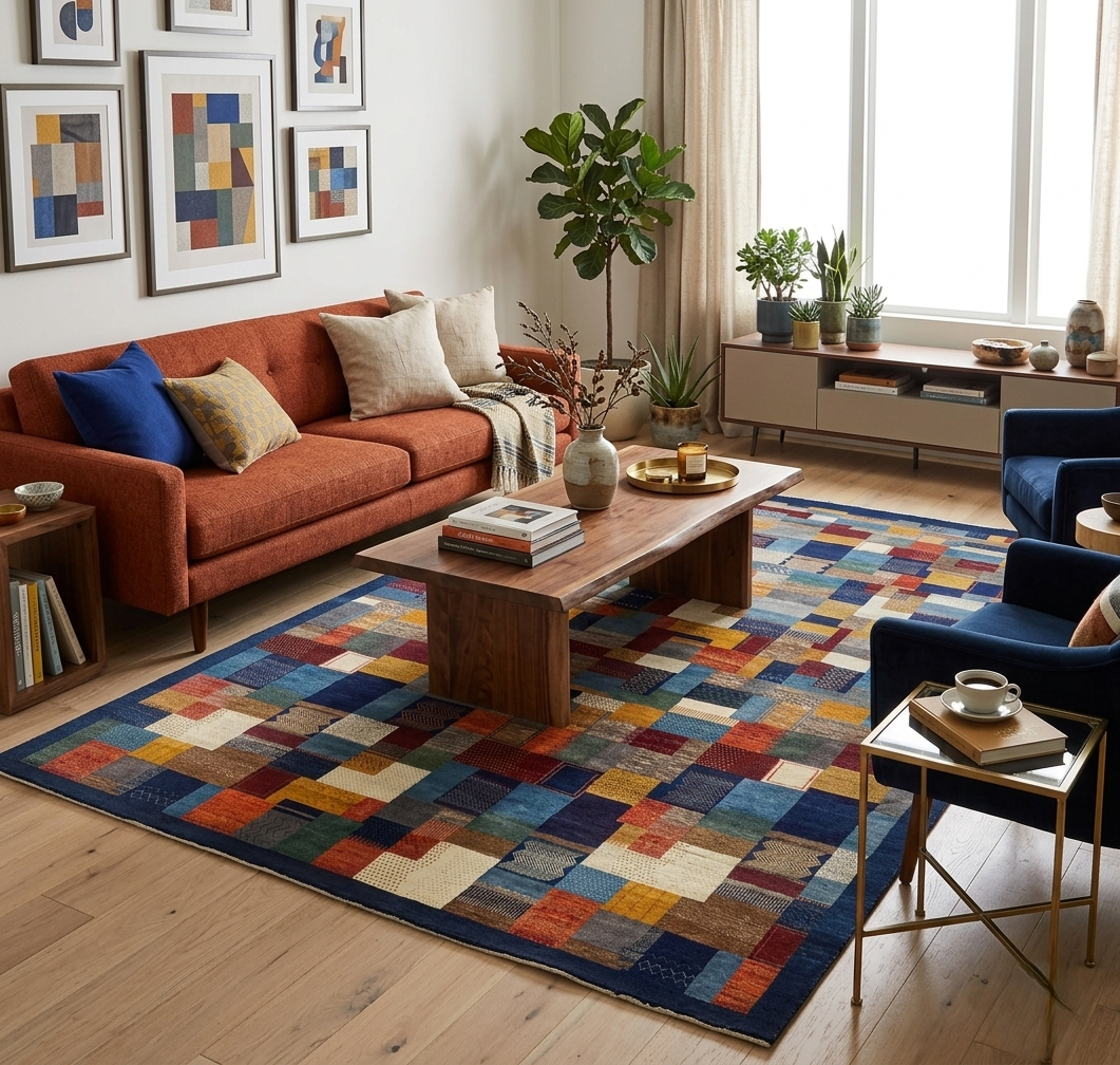 8x10 ft Hand-Knotted Vibrant Multi-Color Navy Blue Wool Gabbeh Rug