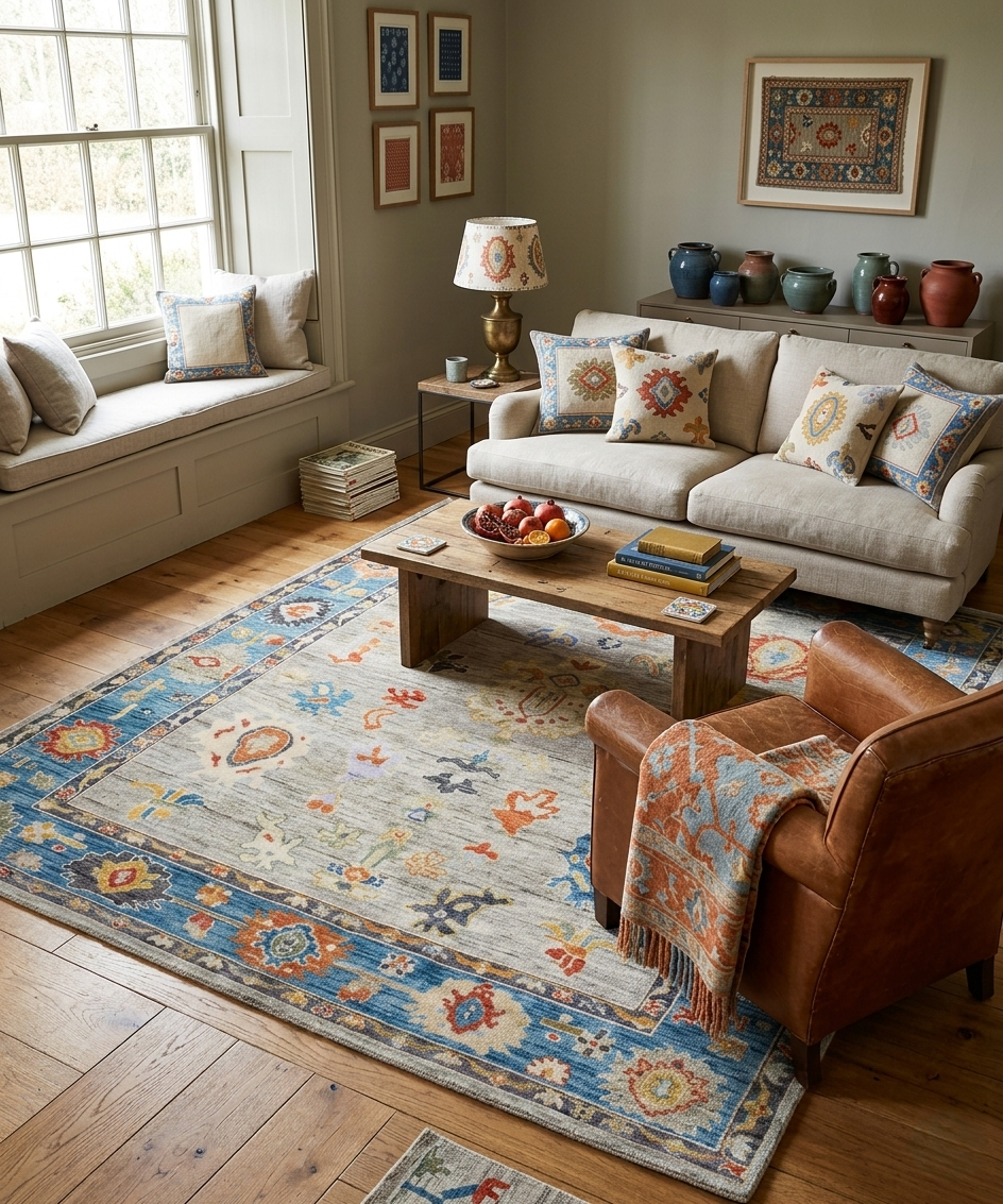Hand-Knotted Oushak Wool Rug - Muted Blue & Terracotta Modern Transitional Design