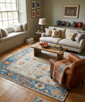 Hand-Knotted Oushak Wool Rug - Muted Blue & Terracotta Modern Transitional Design