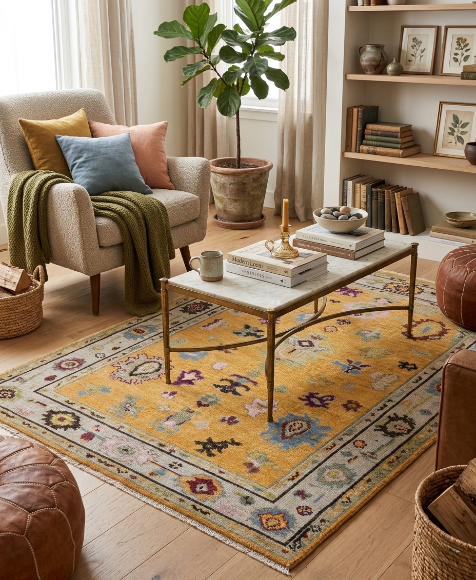 Gold & Amber Handmade Oushak Rug -Transitional Turkish Design