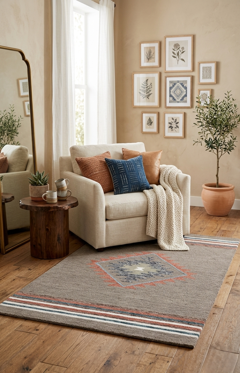 Hand Tufted 5X8  8X10  Brown Rust wool Geometric handmade rug for living room, bedroom and dining room