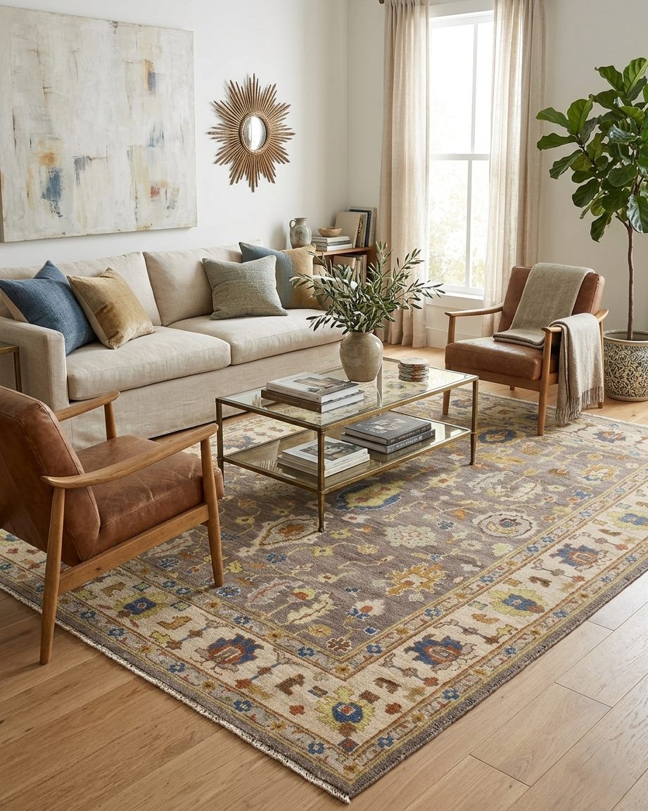 8x10 Hand-Knotted Wool Rug | Earthy Taupe & Oushak Inspired Design