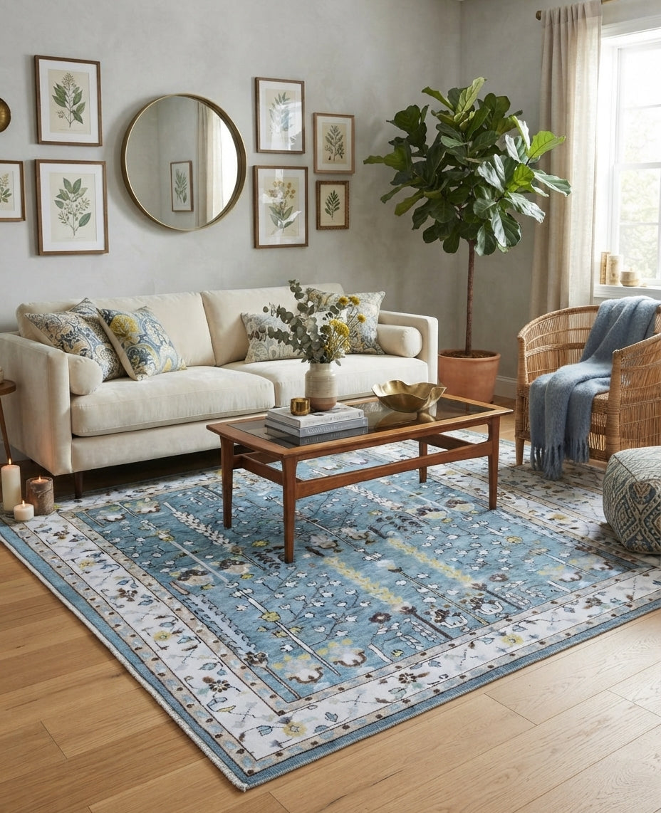 Hand-Knotted Tree of Life Wool Area Rug | Slate Blue & Ivory Custom Size Rug | Handcrafted in India