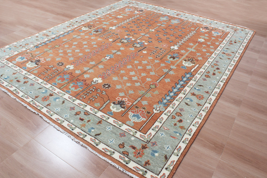 Hand-Knotted Tree of Life Wool Area Rug | Terracotta Rust & Sage Green Custom Size Rug | Handcrafted in India