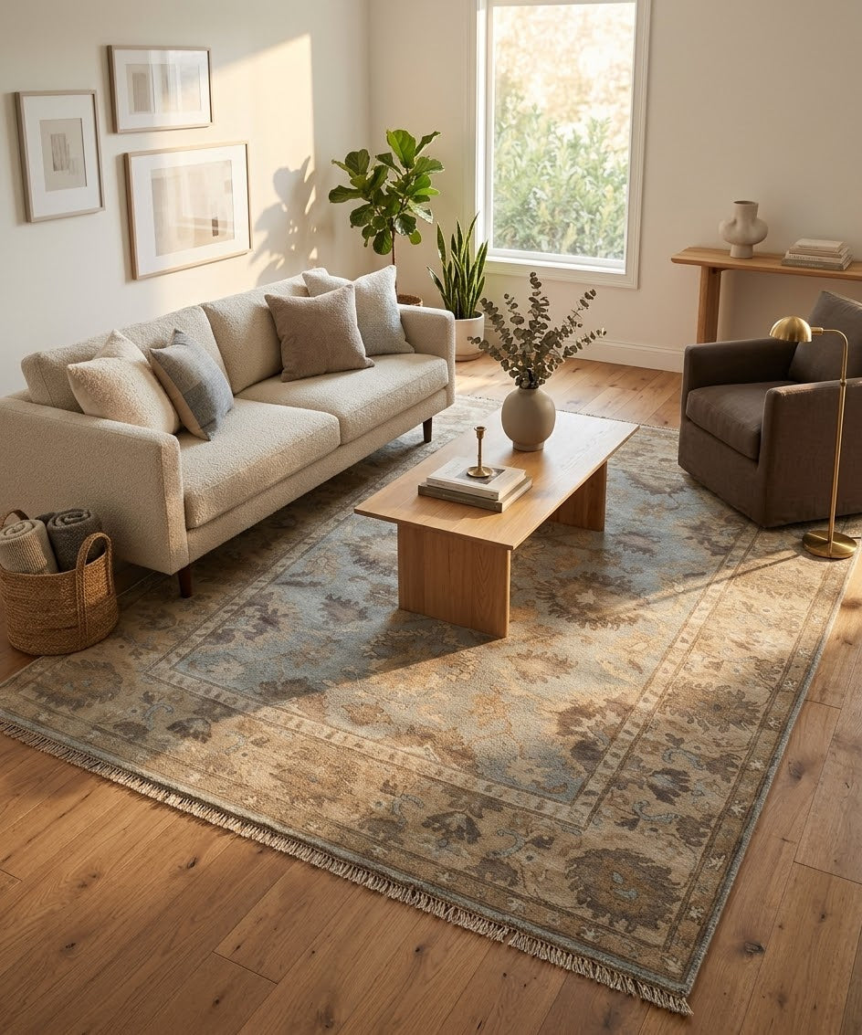 Hand-Knotted Wool Oushak Style Area Rug (8x10) — Blue, Taupe & Beige Vintage-Inspired rug