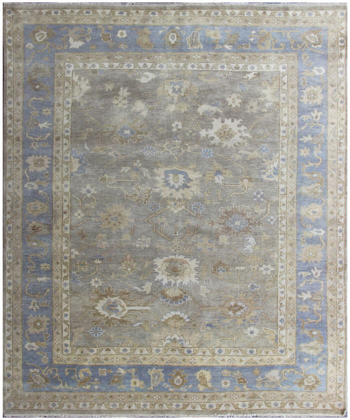 8x10 Oushak Style Wool Rug – Transitional Vintage Soft Blue & Neutral Area Rug