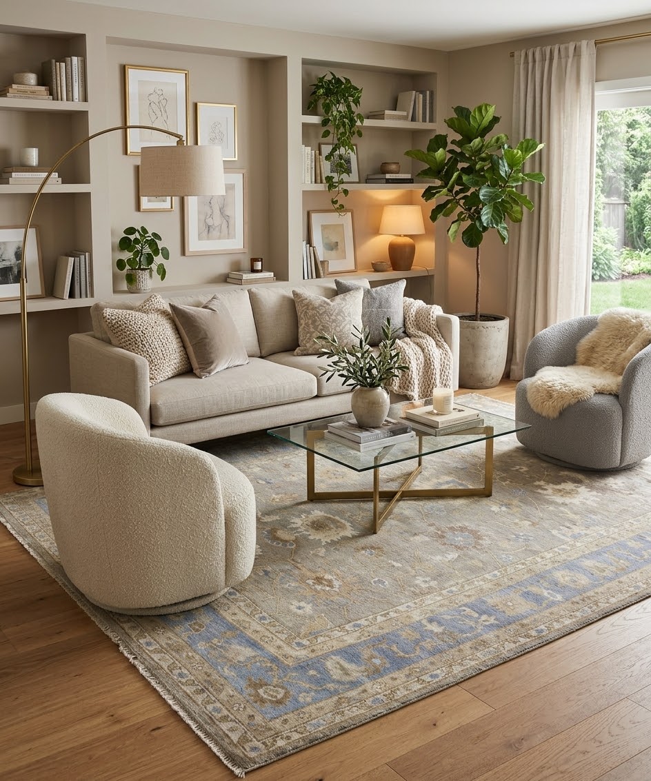 8x10 Oushak Style Wool Rug – Transitional Vintage Soft Blue & Neutral Area Rug