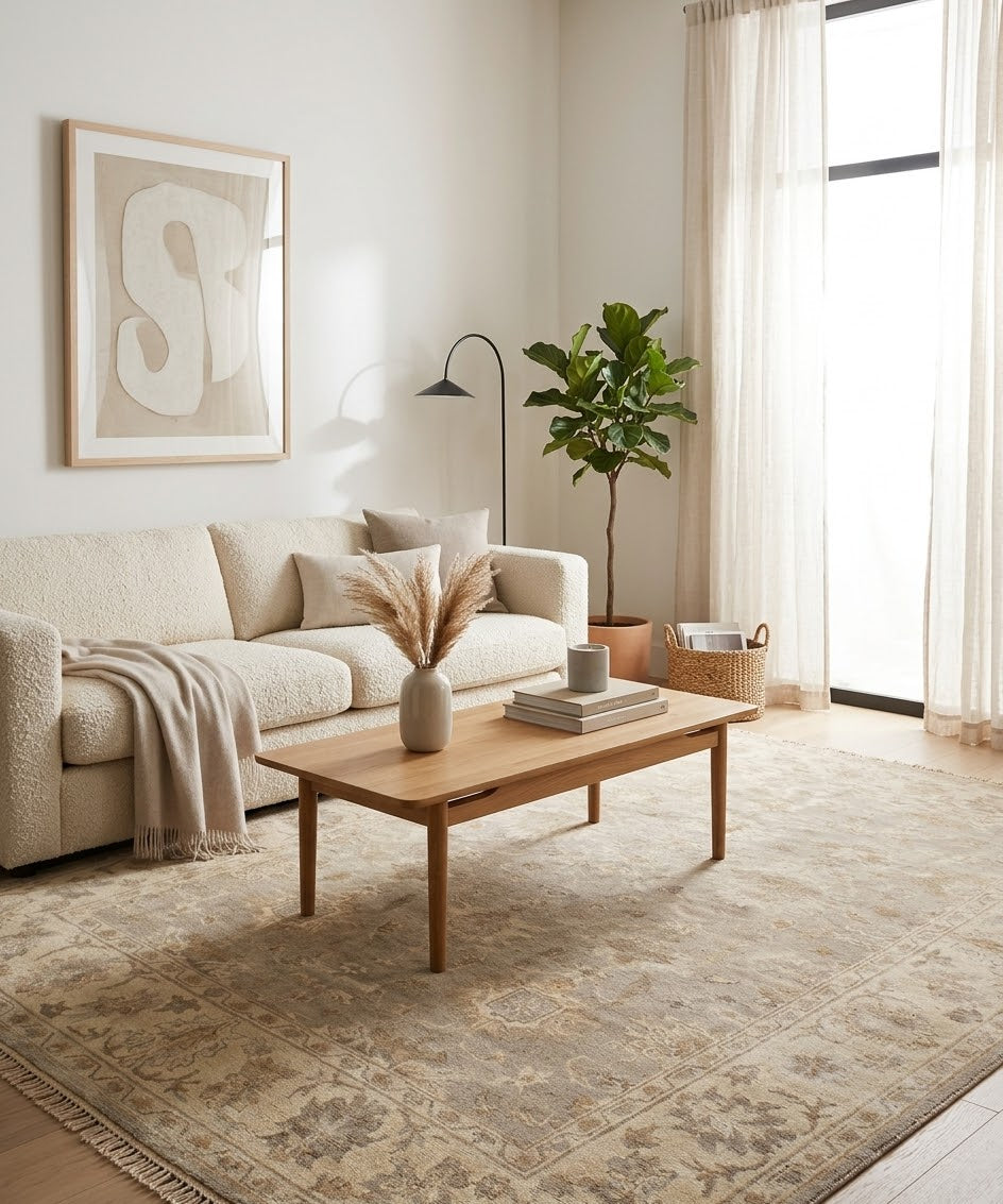 Hand-Knotted 8x10 Oushak Wool Rug | Neutral Taupe & Beige Traditional Oriental Area Rug for Living Room & Bedroom