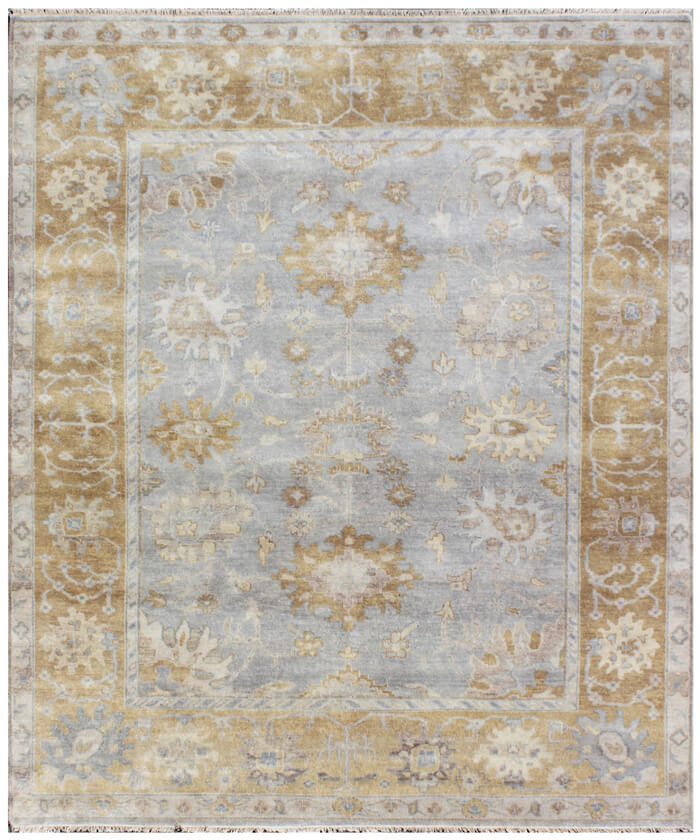 Hand-Knotted Oushak Rug | 8x10 Wool Area Rug in Soft Blue, Gold & Neutral Tones | Vintage-Style Traditional Floor Art