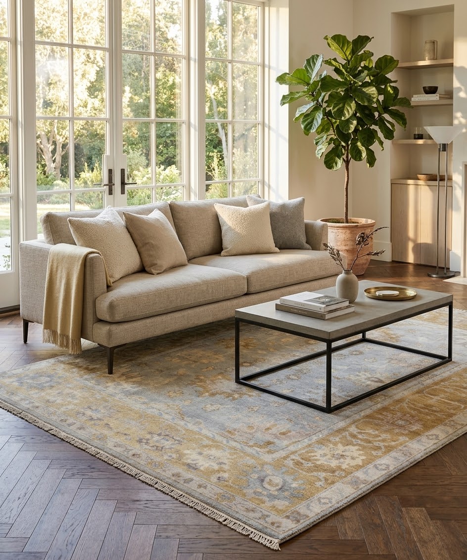 Hand-Knotted Oushak Rug | 8x10 Wool Area Rug in Soft Blue, Gold & Neutral Tones | Vintage-Style Traditional Floor Art