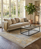 Hand-Knotted Oushak Rug | 8x10 Wool Area Rug in Soft Blue, Gold & Neutral Tones | Vintage-Style Traditional Floor Art