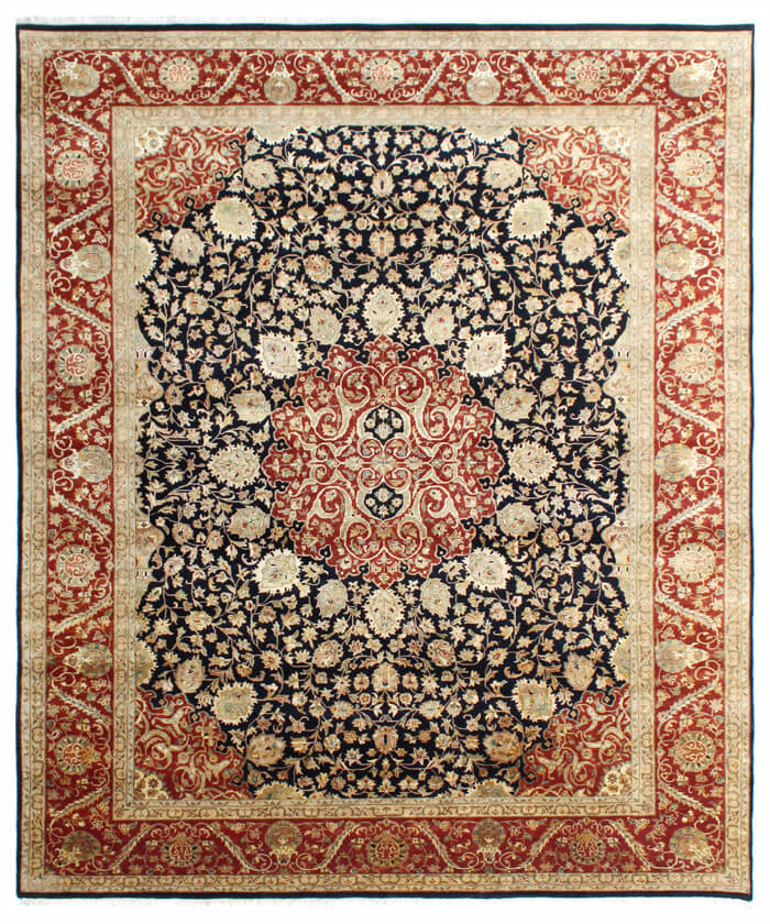 Black, Ivory & Crimson Red Royal Vintage Hand-Knotted New Zealand Wool & Silk Rug | 8x10⁠