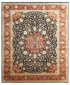 Black, Ivory & Crimson Red Royal Vintage Hand-Knotted New Zealand Wool & Silk Rug | 8x10⁠