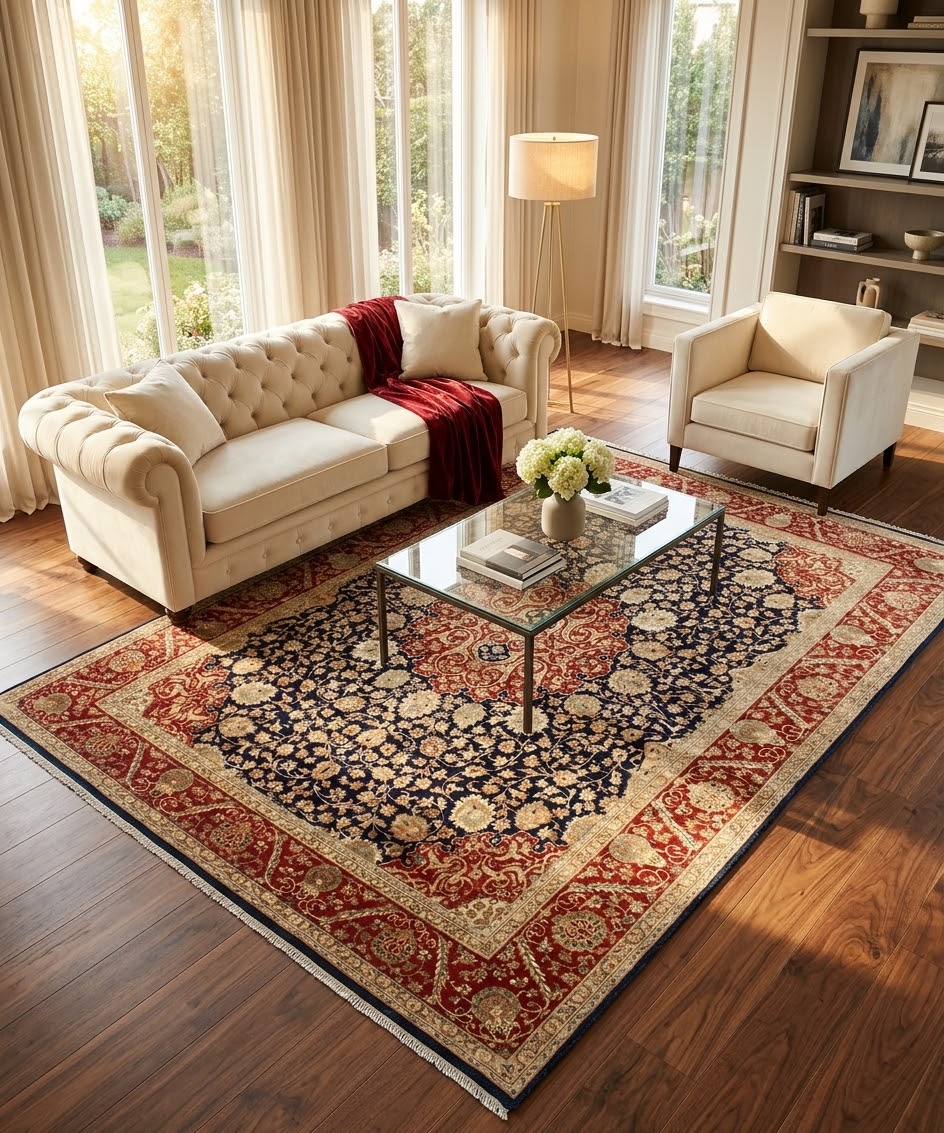 Black, Ivory & Crimson Red Royal Vintage Hand-Knotted New Zealand Wool & Silk Rug | 8x10⁠