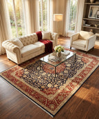 Black, Ivory & Crimson Red Royal Vintage Hand-Knotted New Zealand Wool & Silk Rug | 8x10⁠