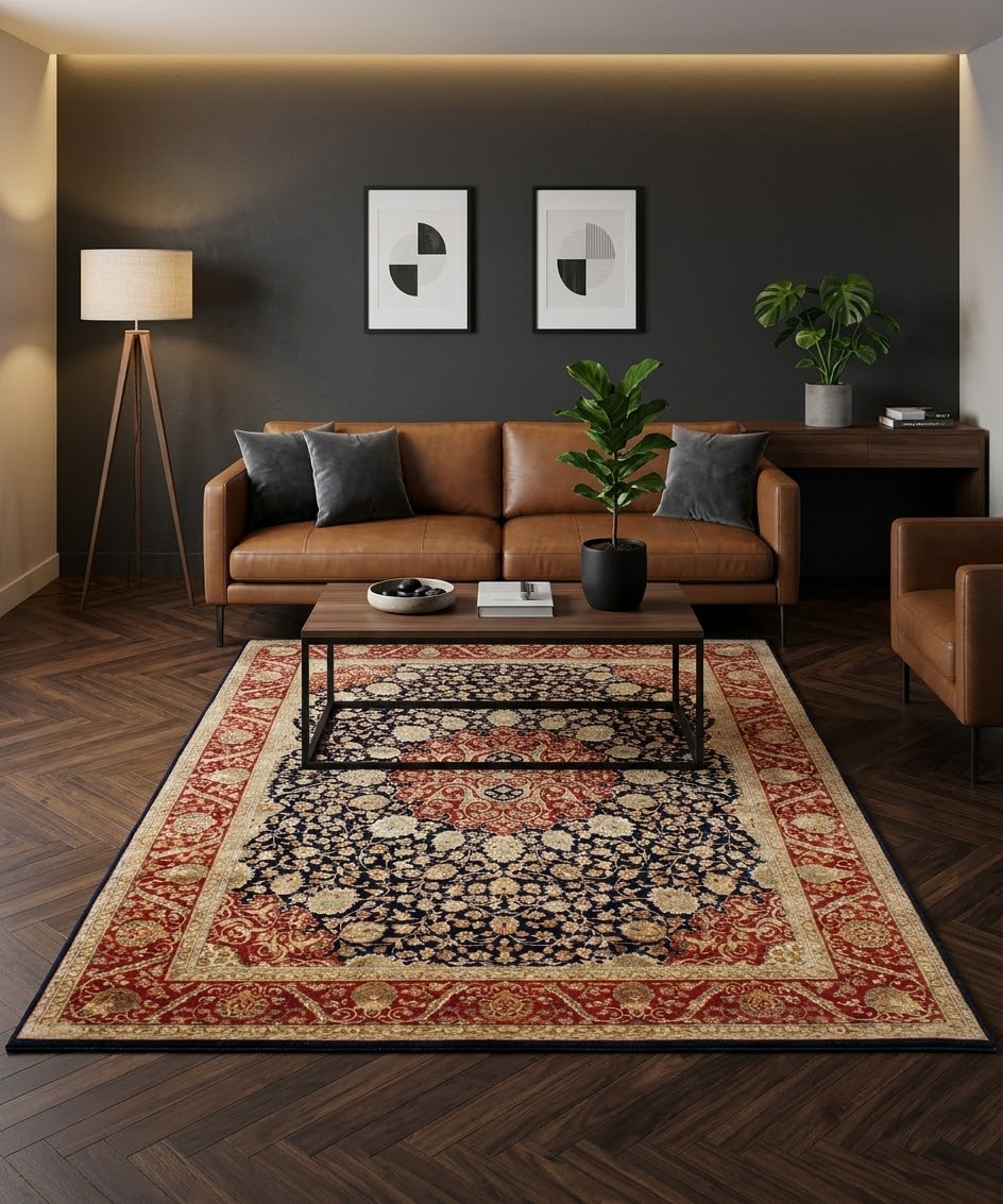 Black, Ivory & Crimson Red Royal Vintage Hand-Knotted New Zealand Wool & Silk Rug | 8x10⁠